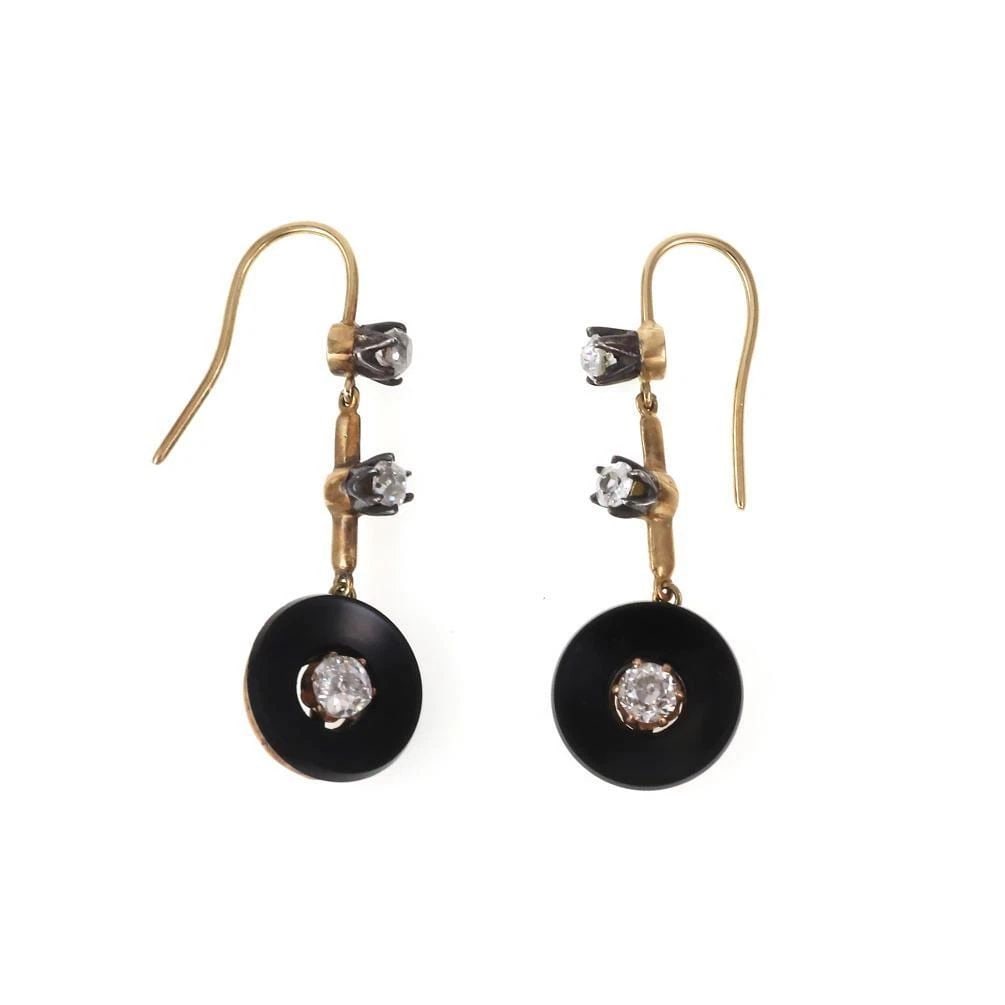 ART DECO OLD MINE CUT DIAMOND ONYX BUTTON SHAPE HOOK DANGLE EARRINGS: ART DECO OLD MINE CUT DIAMOND ONYX BUTTON SHAPE HOOK DANGLE EARRINGS 61389 ART DECO OLD MINE CUT DIAMOND ONYX BUTTON SHAPE HOOK DANGLE EARRINGS 61389 Art Deco Old Mine Cut Diamond Onyx Button Shape Ho