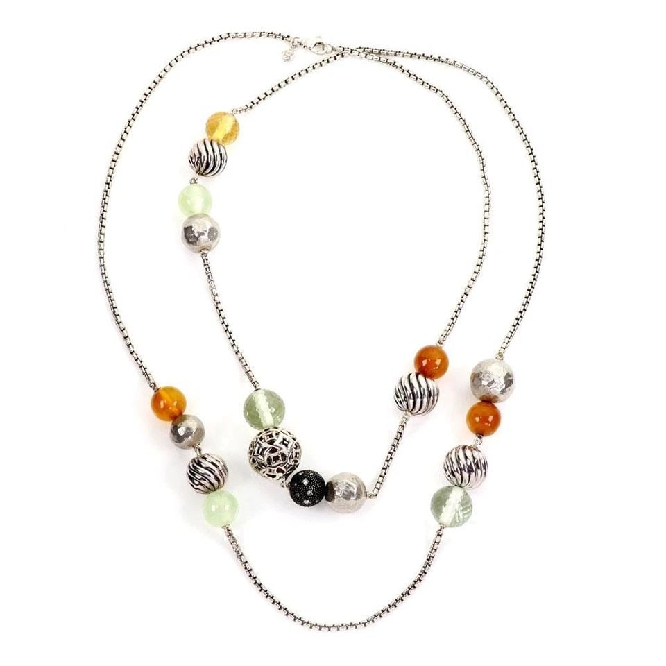 DAVID YURMAN ELEMENTS NECKLACE BEAD GEMS STERLING SILVER W/PAPER 41"LONG: DAVID YURMAN ELEMENTS NECKLACE BEAD GEMS STERLING SILVER W/PAPER 41"LONG DAVID YURMAN ELEMENTS NECKLACE BEAD GEMS STERLING SILVER W/PAPER 41"LONG David Yurman Elements 925 Silver & Gems Beaded Chain N