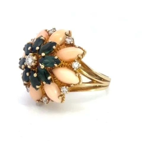 RETRO DIAMOND GOLD CLUSTER RING 14K YELLOW CORAL TOURMALINE FLORAL VINTAGE: RETRO DIAMOND GOLD CLUSTER RING 14K YELLOW CORAL TOURMALINE FLORAL VINTAGE RETRO DIAMOND GOLD CLUSTER RING 14K YELLOW CORAL TOURMALINE FLORAL VINTAGE This beautiful Retro Era ring is crafted from 14k 