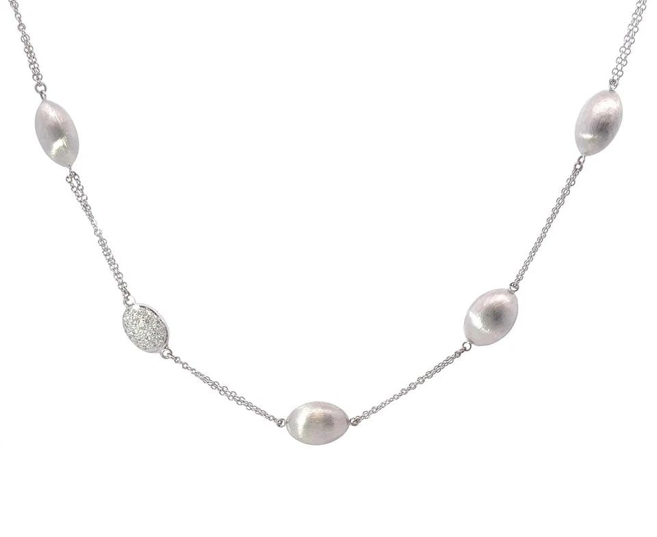 OVAL BEAD DIAMOND NECKLACE 14K WHITE GOLD DOUBLE CHAIN: OVAL BEAD DIAMOND NECKLACE 14K WHITE GOLD DOUBLE CHAIN OVAL BEAD DIAMOND NECKLACE 14K WHITE GOLD DOUBLE CHAIN Diamond 14k White Gold Oval Bead Motifs Double Chain Necklace Description This is a lovely