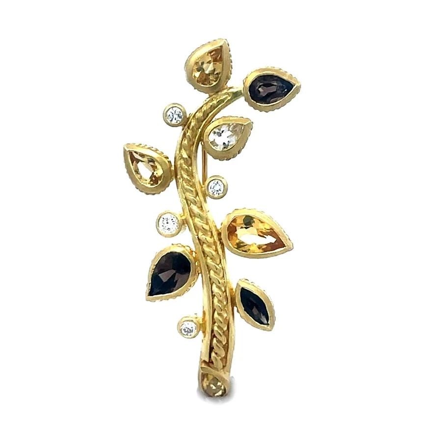 JUDITH RIPKA GOLD BROOCH DIAMOND & GEMS 18K YELLOW LEAF DESIGN (1 of 2)