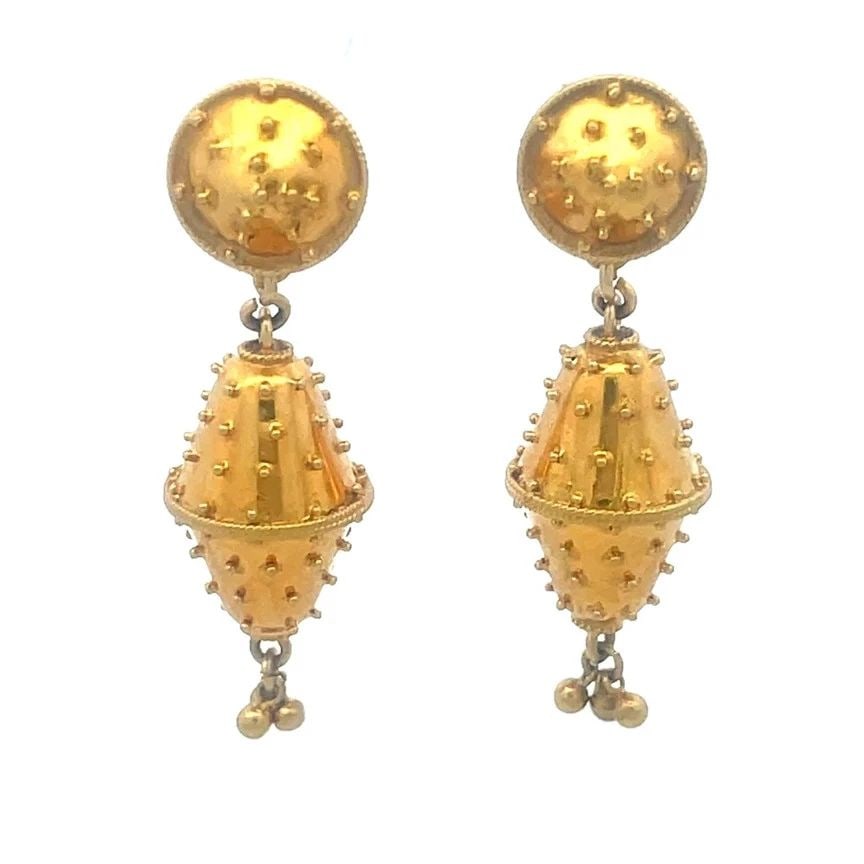 GOLD ETRUSCAN REVIVAL EARRINGS 18K YELLOW BEADED DANGLE STYLE VICTORIAN (1 of 1)