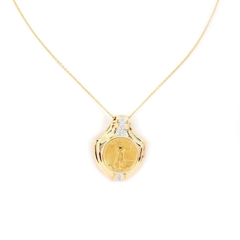 22K LIBERTY COIN PENDANT 14K GOLD 18K GOLD CHAIN: 22K LIBERTY COIN PENDANT 14K GOLD 18K GOLD CHAIN 22K LIBERTY COIN PENDANT 14K GOLD 18K GOLD CHAIN Estate 22k Liberty Coin 14k Gold Diamond Pendant & 18k Gold Chain Description This is a classic pendan