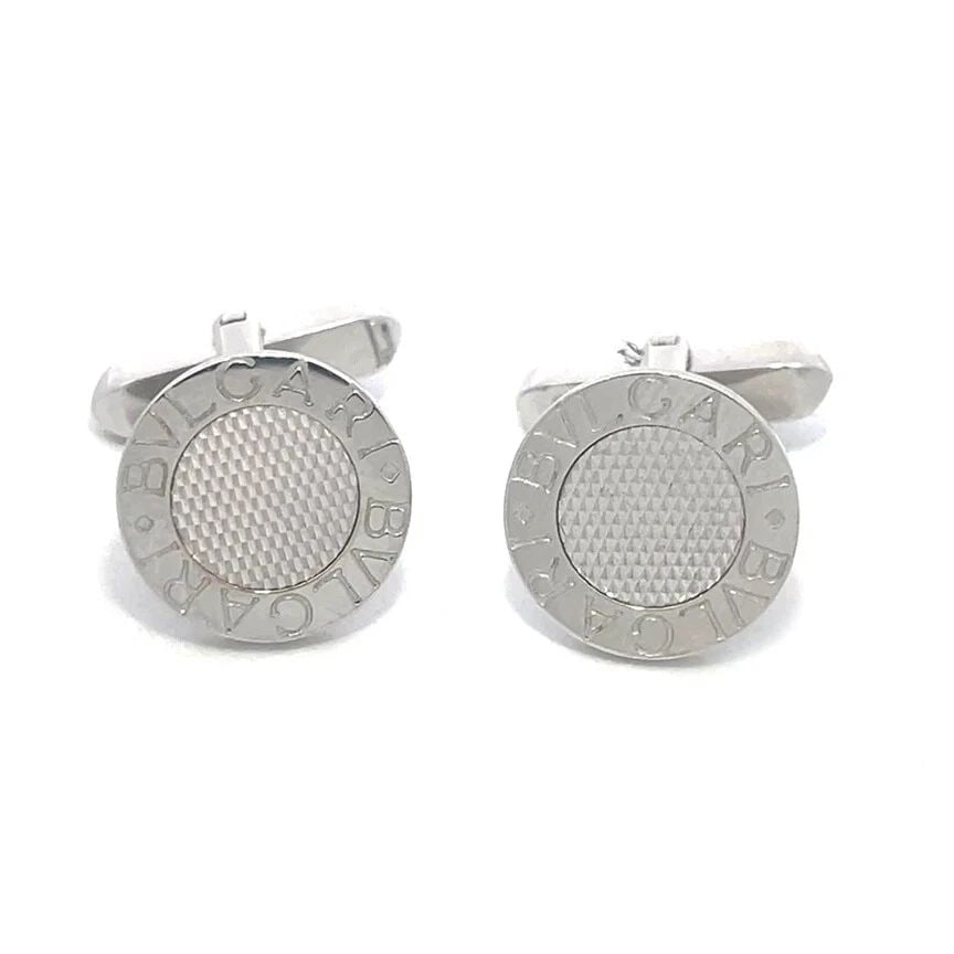 BVLGARI BB GOLD CUFFLINKS 18K WHITE ENGRAVED FLAT BUTTON STYLE (1 of 2)
