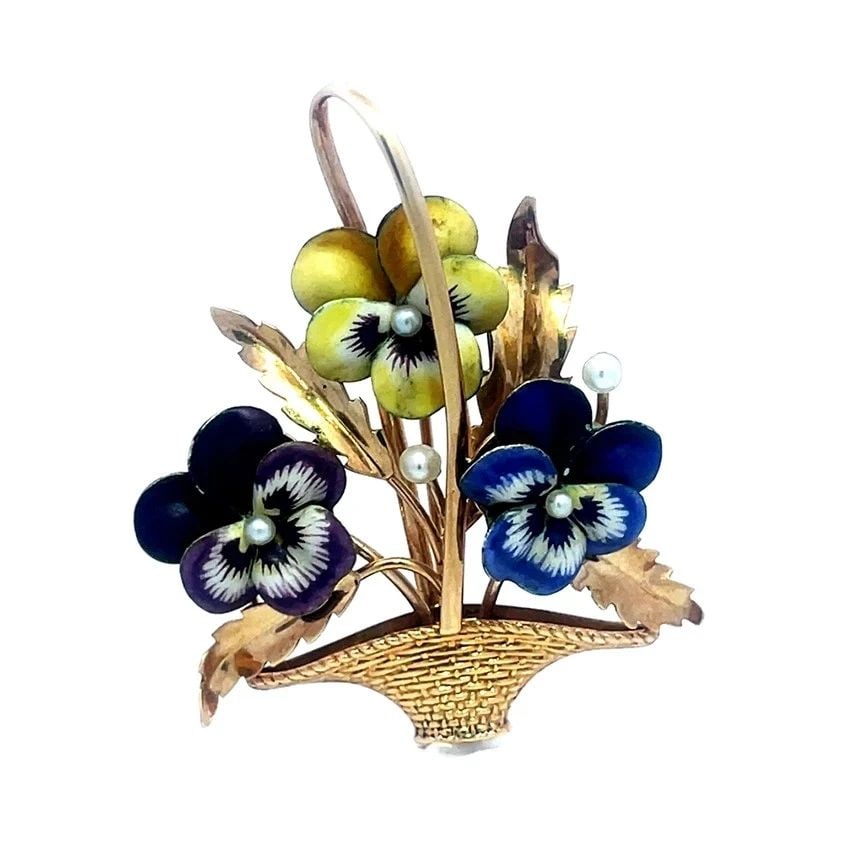 A.J HEDGES GOLD BASKET BROOCH 14K YELLOW ENAMEL PANSY FLOWERS & PEARLS: A.J HEDGES GOLD BASKET BROOCH 14K YELLOW ENAMEL PANSY FLOWERS & PEARLS A.J HEDGES GOLD BASKET BROOCH 14K YELLOW ENAMEL PANSY FLOWERS & PEARLS This is an adorable vintage gold brooch by A.J Hedges, it 