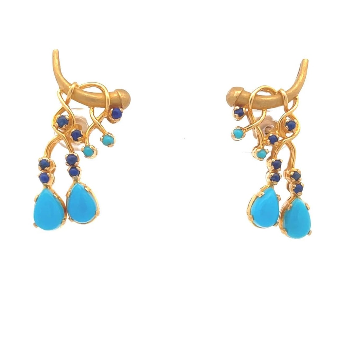 TURQUOISE AND LAPIS 22K YELLOW GOLD FLORAL SCREW BACK LONG EARRINGS (1 of 2)