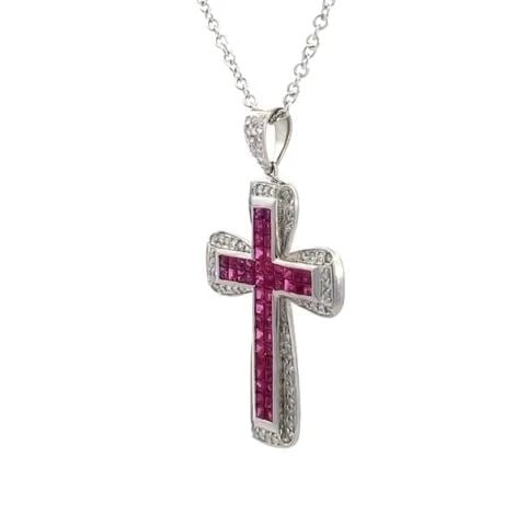 70056 RUBY CROSS PENDANT DIAMOND 1.70CT 14K WHITE GOLD CHAIN: 70056 RUBY CROSS PENDANT DIAMOND 1.70CT 14K WHITE GOLD CHAIN This is a charming pendant and chain necklace, crafted from 14k white gold with a polished finish. The pendant features a beautiful Cross i
