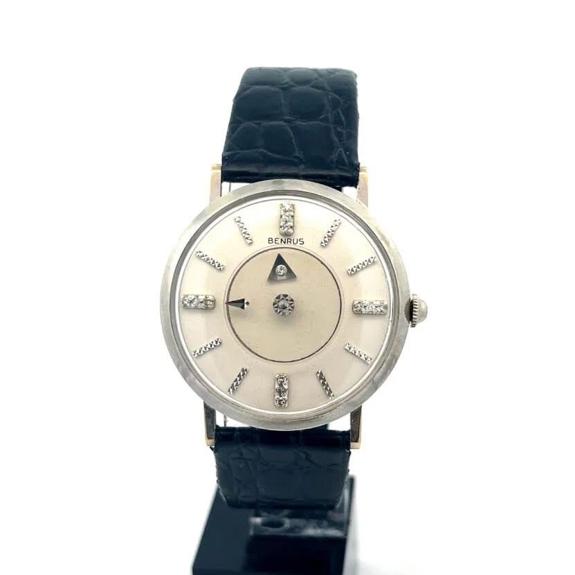 BENRUS MYSTERY DIAMOND DIAL 18K WHITE GOLD HAND WIND MEN'S WRISTWATCH #363384 (1 of 1)