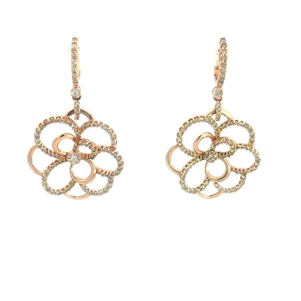 DIAMOND GOLD FLORAL EARRINGS 18K ROSE CAMELLIA DANGLE STYLE (1 of 2)