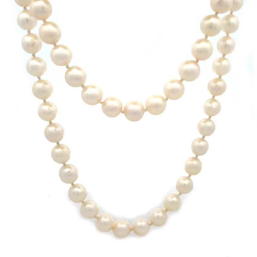 GOLD PEARLS LONG NECKLACE 14K WHITE FLORAL CLASP 33" LONG (1 of 2)
