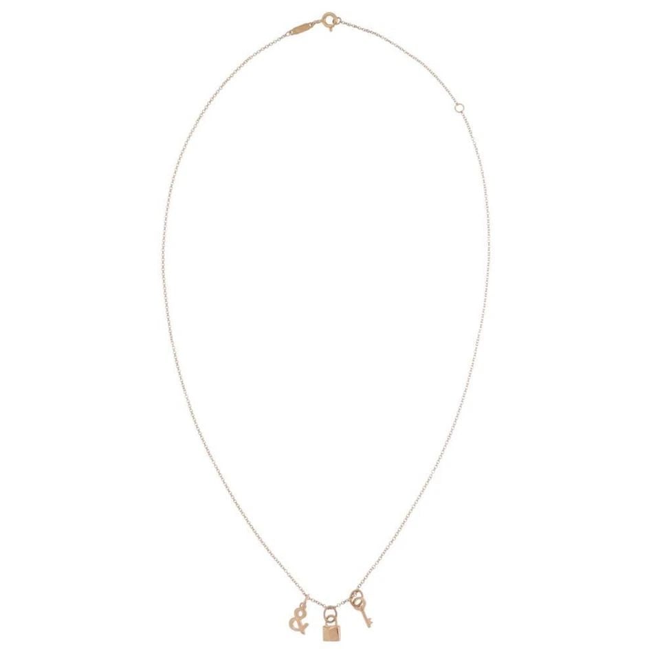 TIFFANY & CO. 3 CHARMS MINI LOCK & KEY NECKLACE IN 18K ROSE GOLD: TIFFANY & CO. 3 CHARMS MINI LOCK & KEY NECKLACE IN 18K ROSE GOLD TIFFANY & CO. 3 CHARMS MINI LOCK & KEY NECKLACE IN 18K ROSE GOLD Tiffany & Co. 18k Rose Gold Lock & Key Mini Pendant W/Chain Descriptio