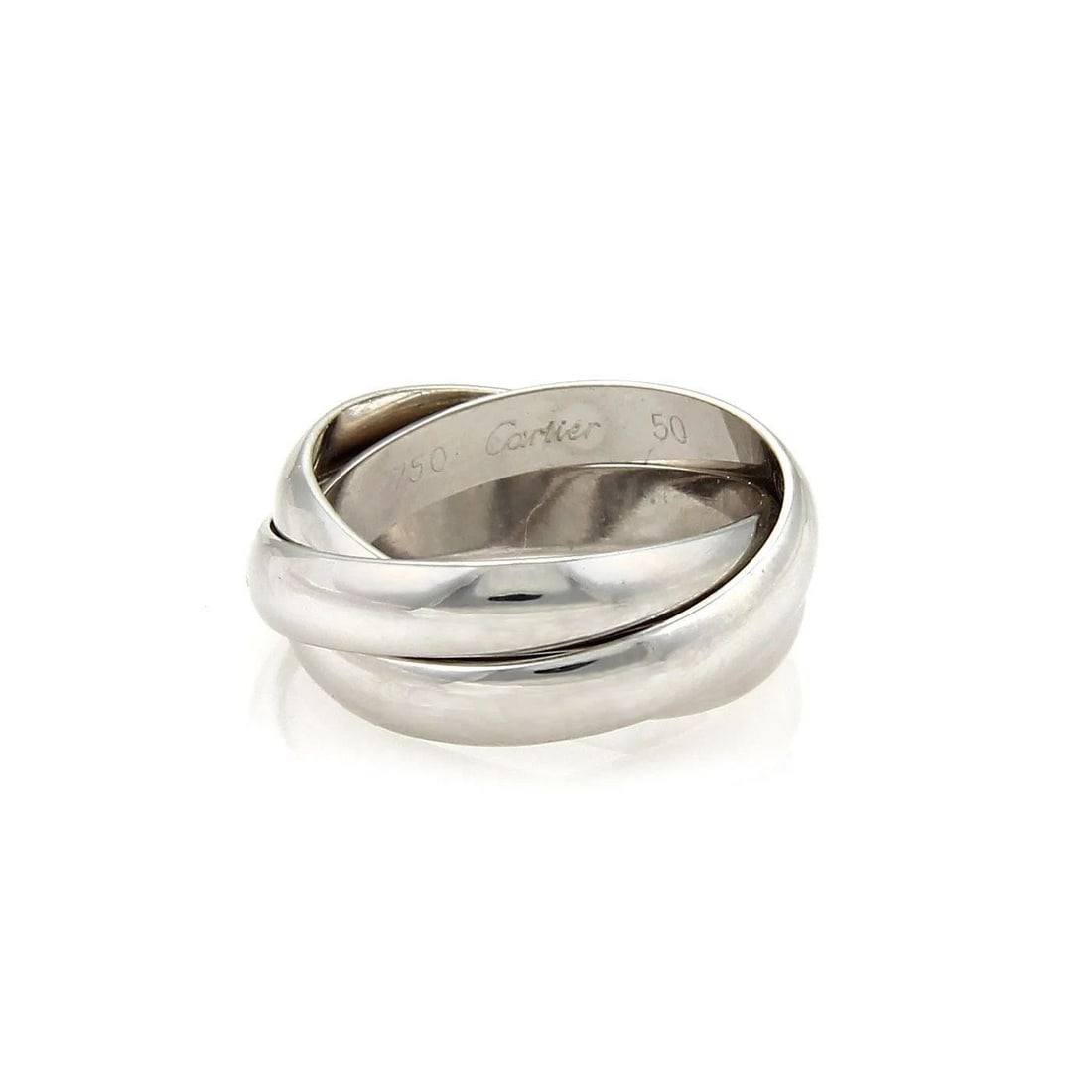 CARTIER TRINITY GOLD RING 18K WHITE TRIPLE BAND ROLLING STYLE SIZE 5: CARTIER TRINITY GOLD RING 18K WHITE TRIPLE BAND ROLLING STYLE SIZE 5 CARTIER TRINITY GOLD RING 18K WHITE TRIPLE BAND ROLLING STYLE SIZE 5 This is a beautiful authentic ring by Cartier, it is crafted f