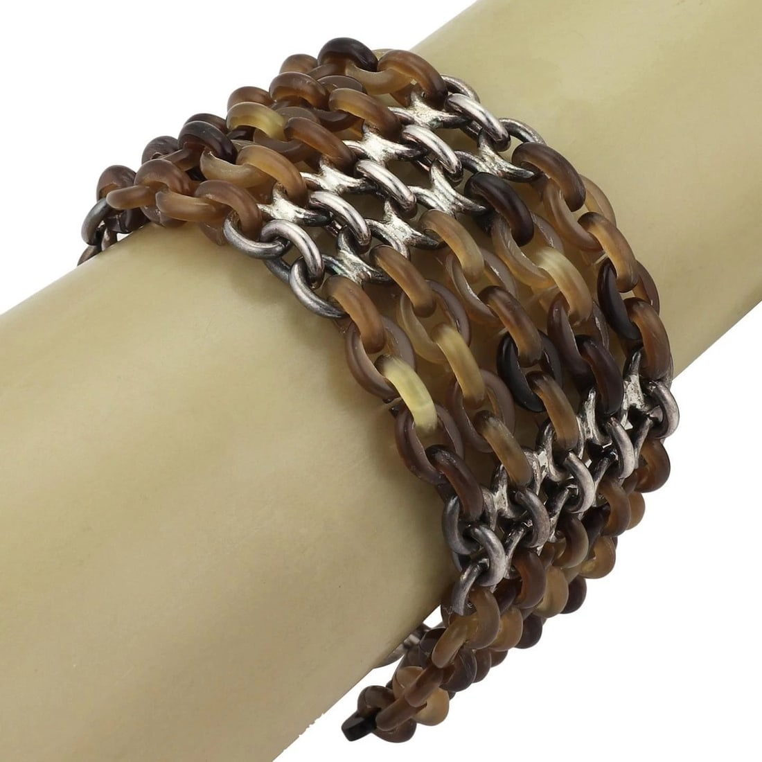 HERMES BRACELET STERLING SILVER BUFFALO HORN 5 ROWS OVAL CHAIN LINK (1 of 2)