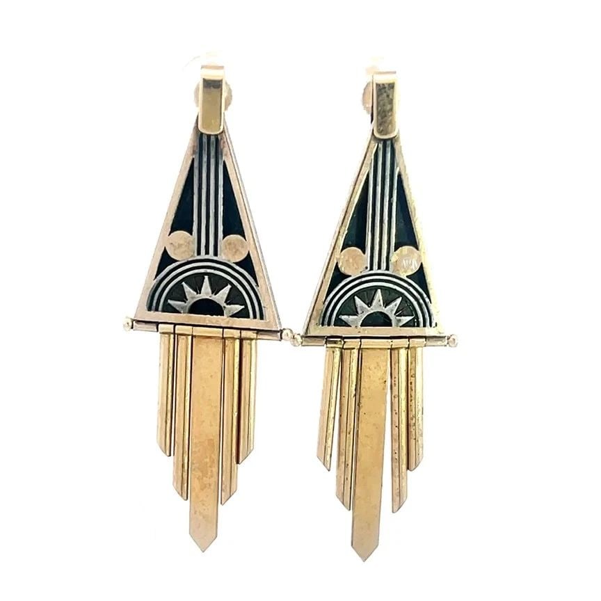ART DECO GOLD SILVER EARRINGS HAND MADE 14K YELLOW DANGLE STYLE (1 of 2)