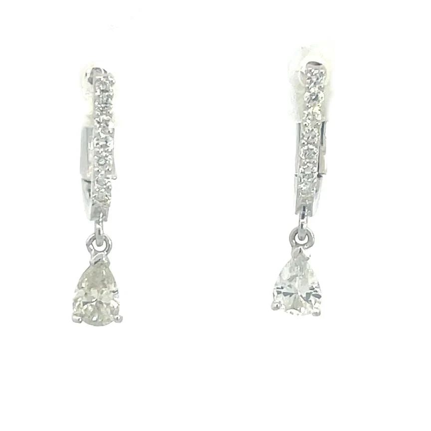 NEW DIAMOND GOLD DANGLE EARRINGS 14K WHITE PEAR CUT DROP HUGGIE STYLE (1 of 2)