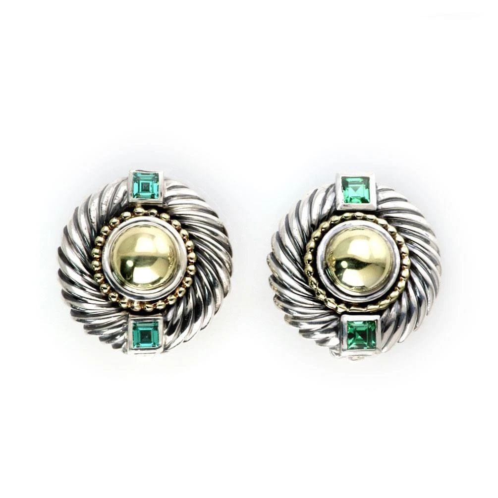 DAVID YURMAN VINTAGE EARRINGS GREEN STONE STERLING SILVER 14K GOLD CLIP ON: DAVID YURMAN VINTAGE EARRINGS GREEN STONE STERLING SILVER 14K GOLD CLIP ON DAVID YURMAN VINTAGE EARRINGS GREEN STONE STERLING SILVER 14K GOLD CLIP ON David Yurman Vintage Green Gemstone 925 Silver 14k