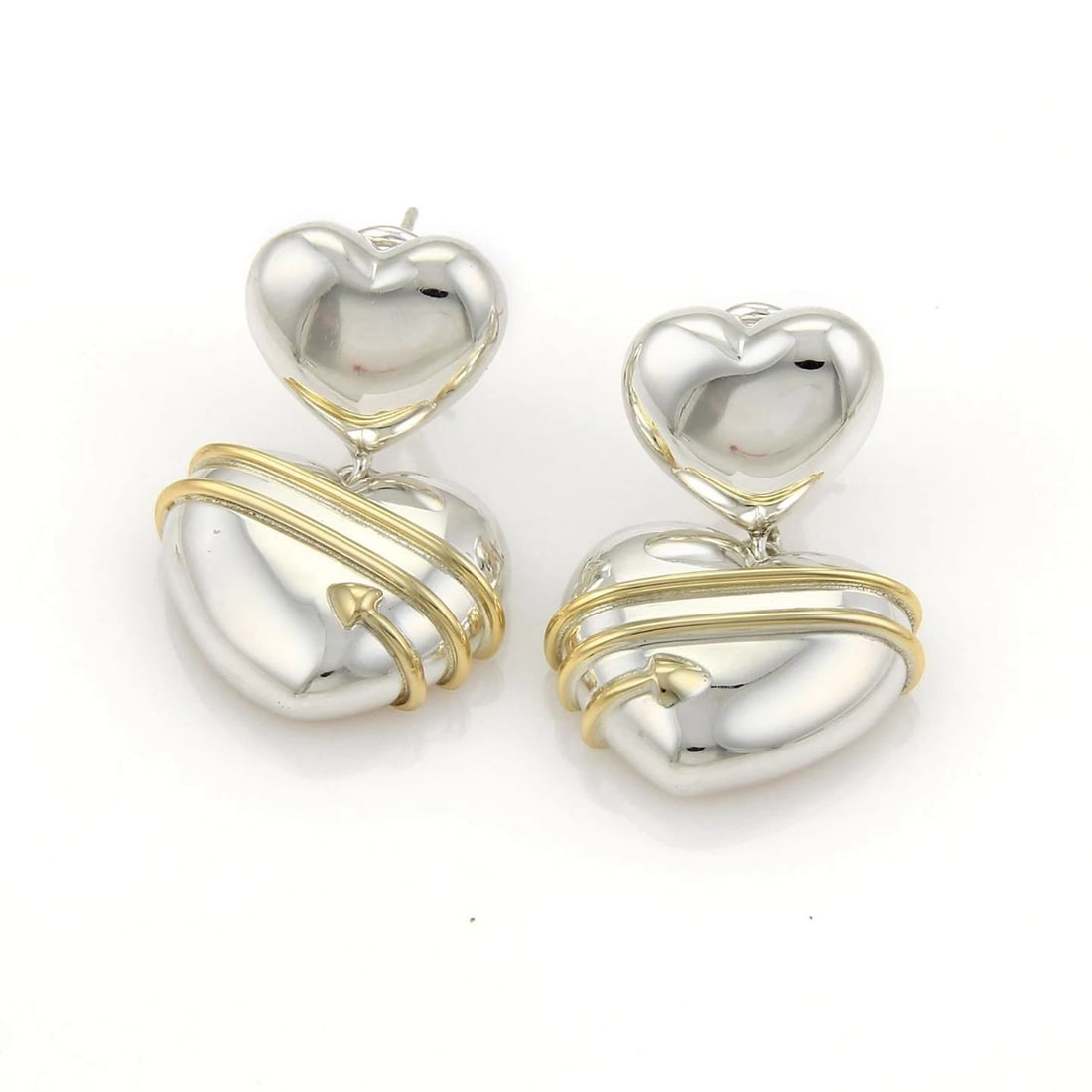 TIFFANY & CO. CUPID HEARTS EARRINGS 18K YELLOW GOLD & SILVER DANGLE STYLE (1 of 2)