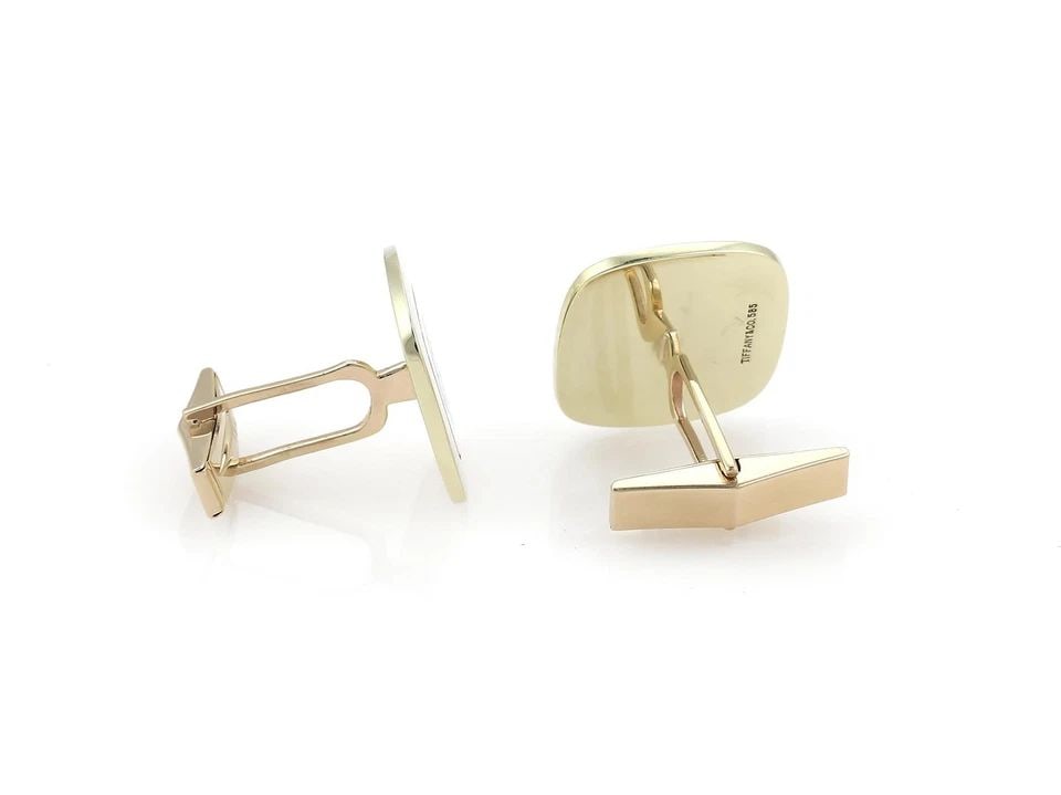 TIFFANY & CO. VINTAGE STUD CUFFLINKS 14K YELLOW GOLD BLUE ENAMEL CUSHION BUTTON: TIFFANY & CO. VINTAGE STUD CUFFLINKS 14K YELLOW GOLD BLUE ENAMEL CUSHION BUTTON TIFFANY & CO. VINTAGE STUD CUFFLINKS 14K YELLOW GOLD BLUE ENAMEL CUSHION BUTTON Tiffany & Co. Vintage 14k Yellow Gold Bl