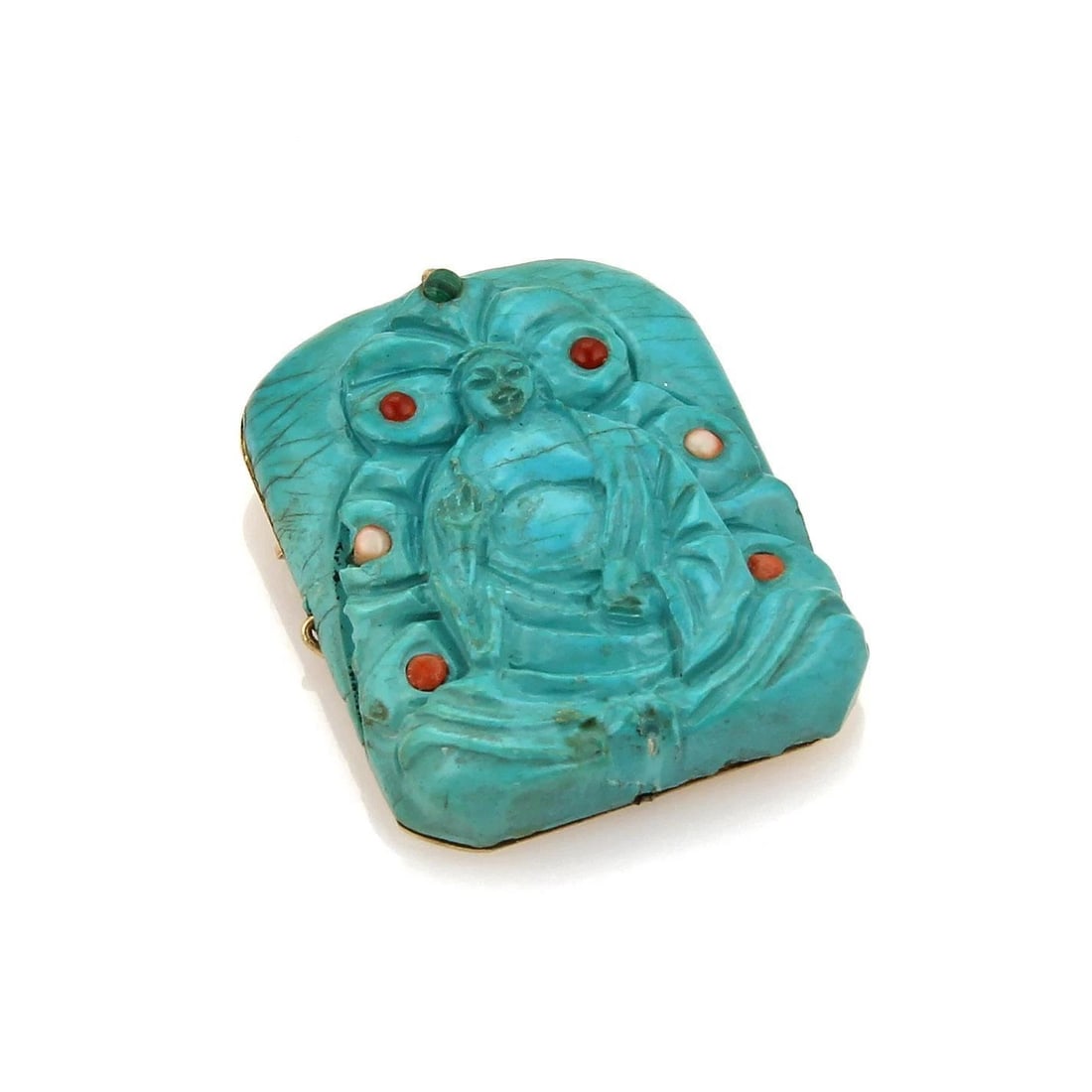 GOLD TURQUOISE PENDANT CARVED BUDDHA 14K YELLOW BROOCH (1 of 2)