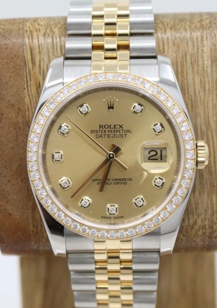 ROLEX DATEJUST 18K TWO TONE 36MM CHAMPAGNE DIAMOND DIAL WATCH BOX PAPERS 116243: ROLEX DATEJUST 18K TWO TONE 36MM CHAMPAGNE DIAMOND DIAL WATCH BOX PAPERS 116243 Description Rolex Datejust 18k Two Tone 36mm Champagne Diamond Dial Watch Box Papers 116243 The watch has been used prev