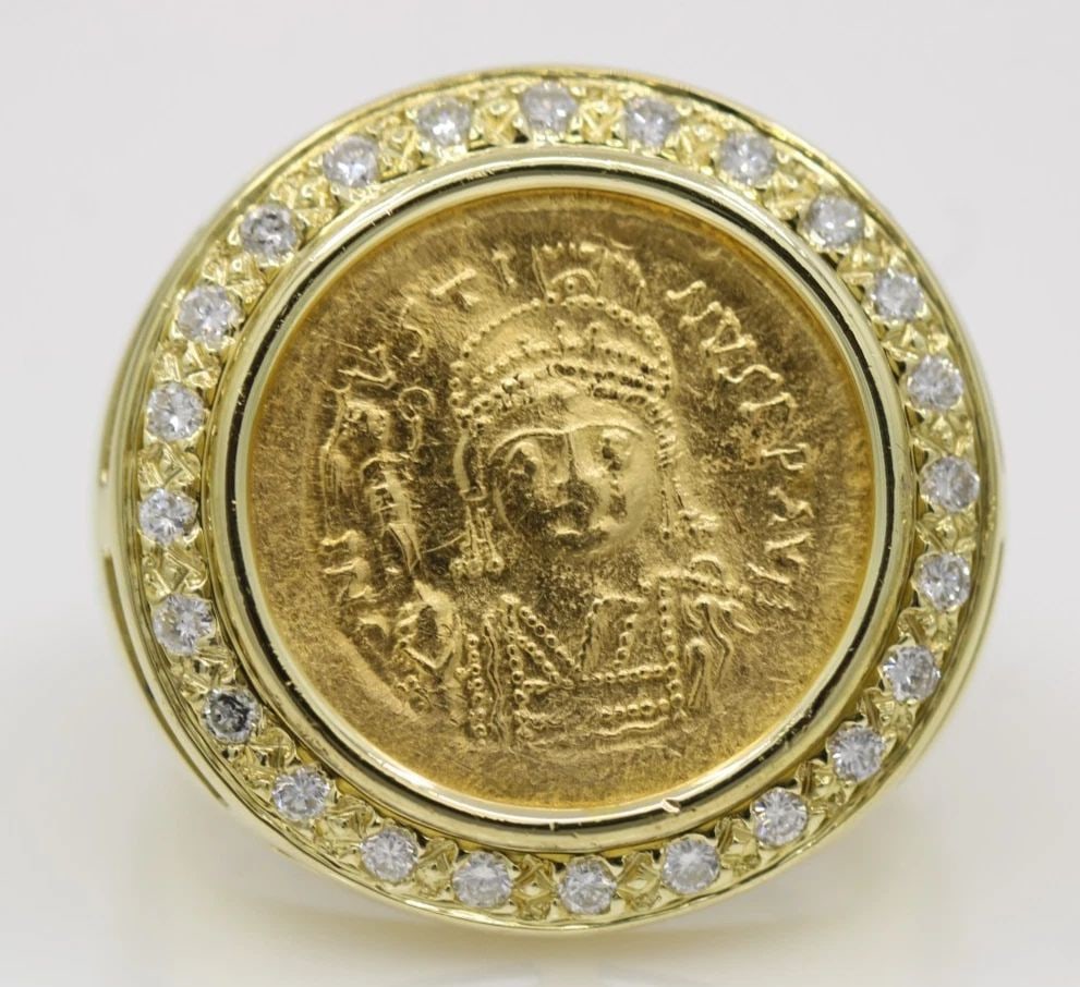 JUSTINE II BYZANTINE EMPIRE GOLD COIN IN 18K YELLOW GOLD RING SIZE 12.5 ~ 24.4G: JUSTINE II BYZANTINE EMPIRE GOLD COIN IN 18K YELLOW GOLD RING SIZE 12.5 ~ 24.4G Description Justine II Byzantine Empire Gold Coin in 18k Yellow Gold Ring Coin/ring is in good condition. May show signs