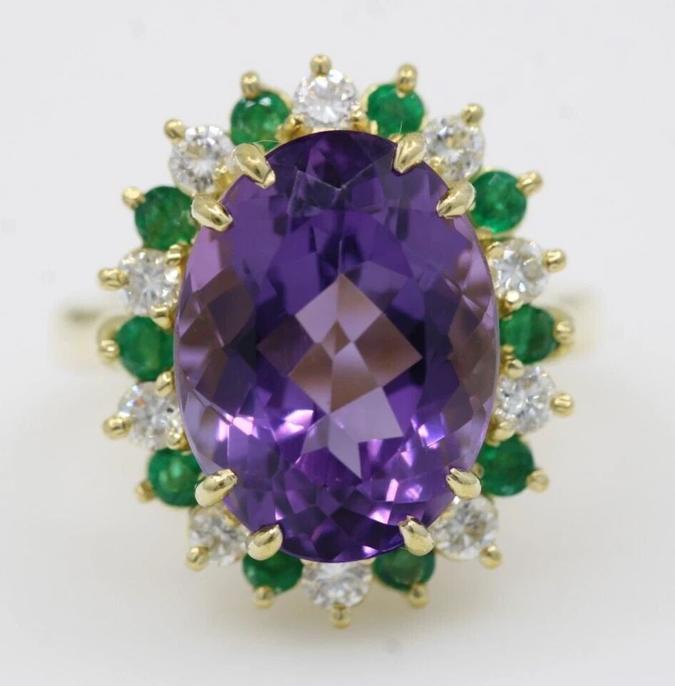 NEIMAN MARCUS 18K YELLOW GOLD AMETHYST, DIAMOND & EMERALD RING SIZE 7.5- 13G (1 of 2)
