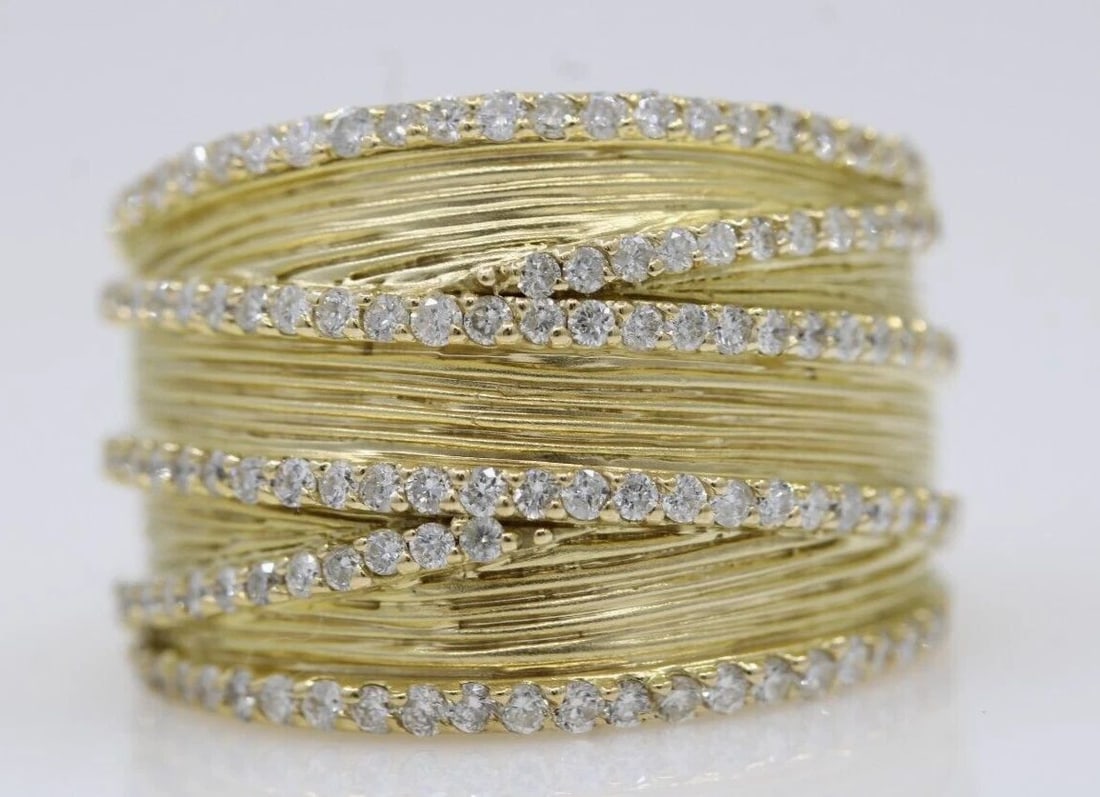 SONIA B. BRITTON 18K YELLOW TEXTURED DIAMOND CROSSOVER BAND RING SIZE 8 - 15.5 G (1 of 2)