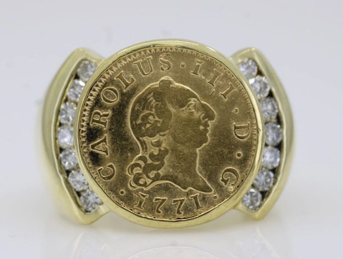 1771 ½ ESCUDO CHARLES III 21K GOLD SPANISH COIN IN 18K GOLD DIAMOND RING SZ 6.5 (1 of 2)