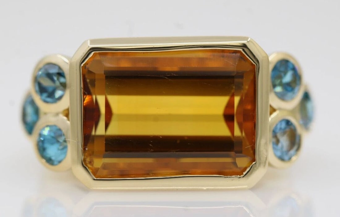 18K YELLOW GOLD CITRINE & BLUE TOPAZ RING SIZE 8 - 18 GRAMS (1 of 2)