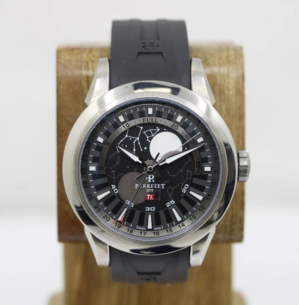 PERRELET FULL MOON PHASE 44 MM DATE DIAL TITANIUM WATCH W/ BOX & PAPERS A5000/2: PERRELET FULL MOON PHASE 44 MM DATE DIAL TITANIUM WATCH W/ BOX & PAPERS A5000/2 PERRELET FULL MOON PHASE 44 MM DATE DIAL TITANIUM WATCH W/ BOX & PAPERS A5000/2 Description Perrelet Full Moon Phase 44 