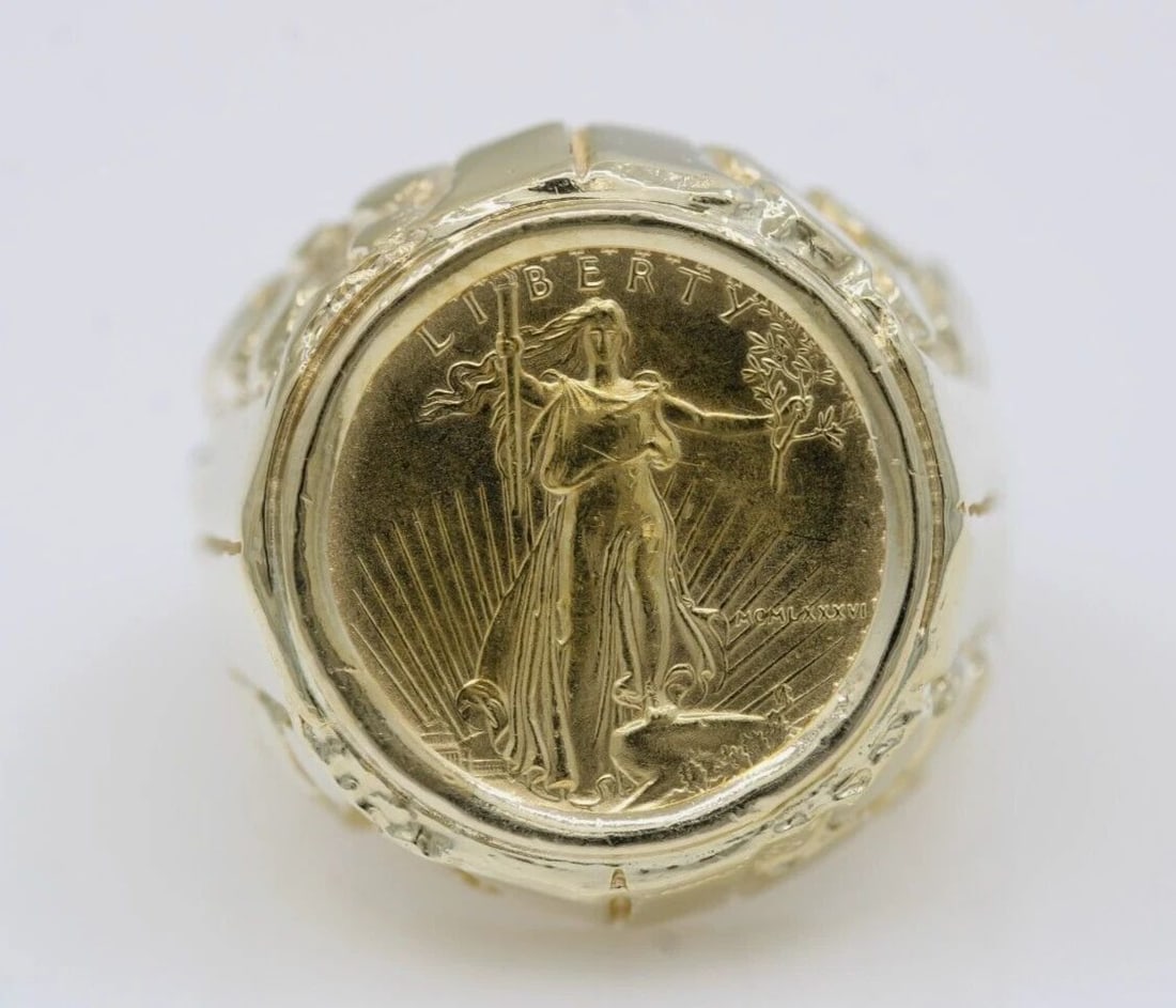 1986 $5 AMERICAN EAGLE 1/10OZ GOLD COIN IN 14K YELLOW GOLD RING SIZE 8.5 - 14.8G (1 of 2)