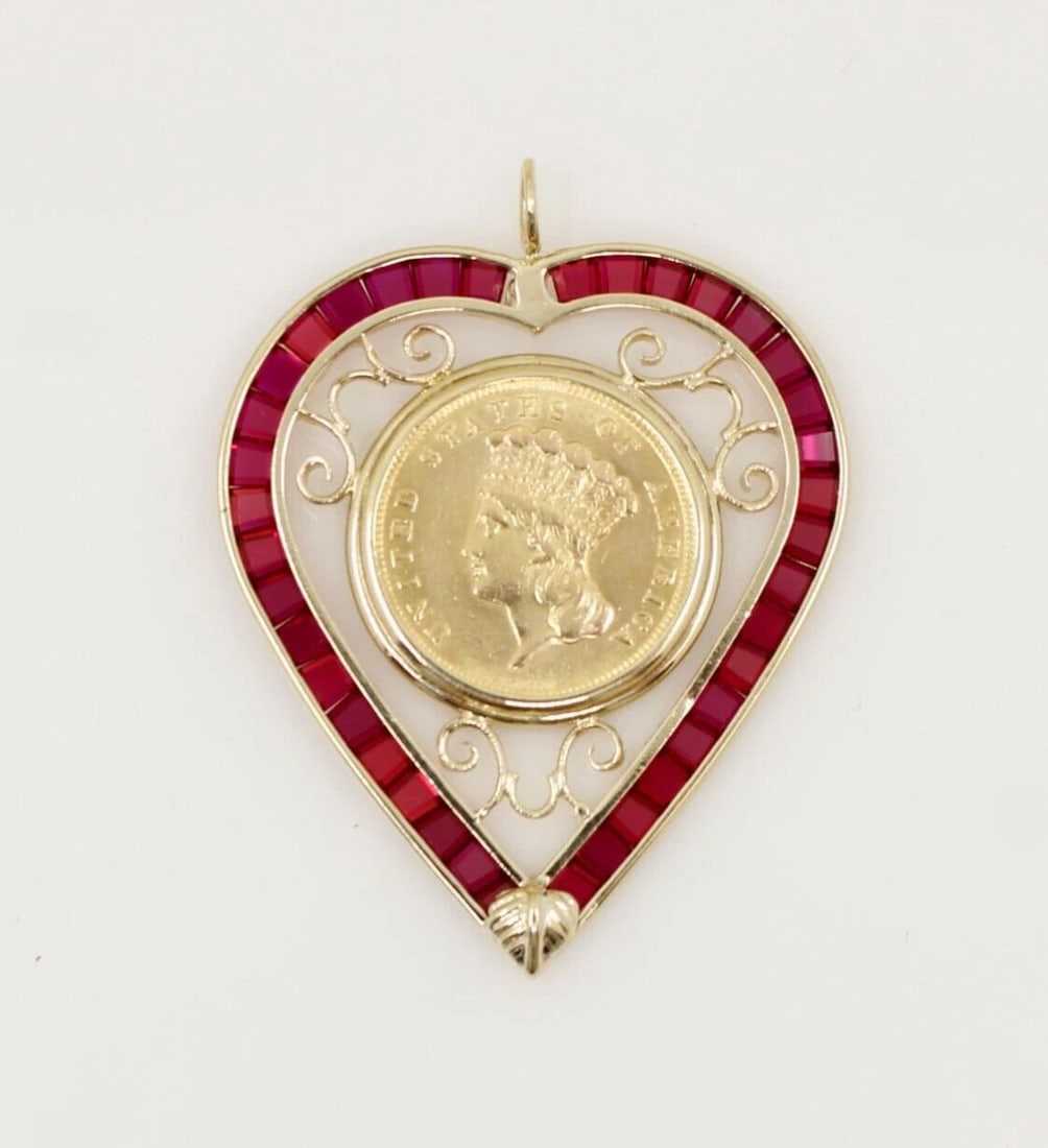 1857 $3 THREE DOLLAR INDIAN GOLD COIN IN 14K YELLOW GOLD RUBY HEART PENDANT (1 of 2)