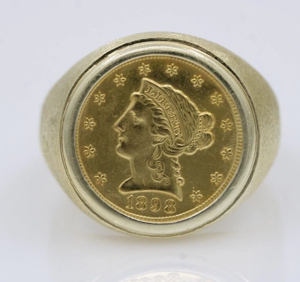 1898 $2.5 LIBERTY HEAD GOLD QUARTER EAGLE US COIN IN 14K YELLOW GOLD RING 11.7 G (1 of 2)