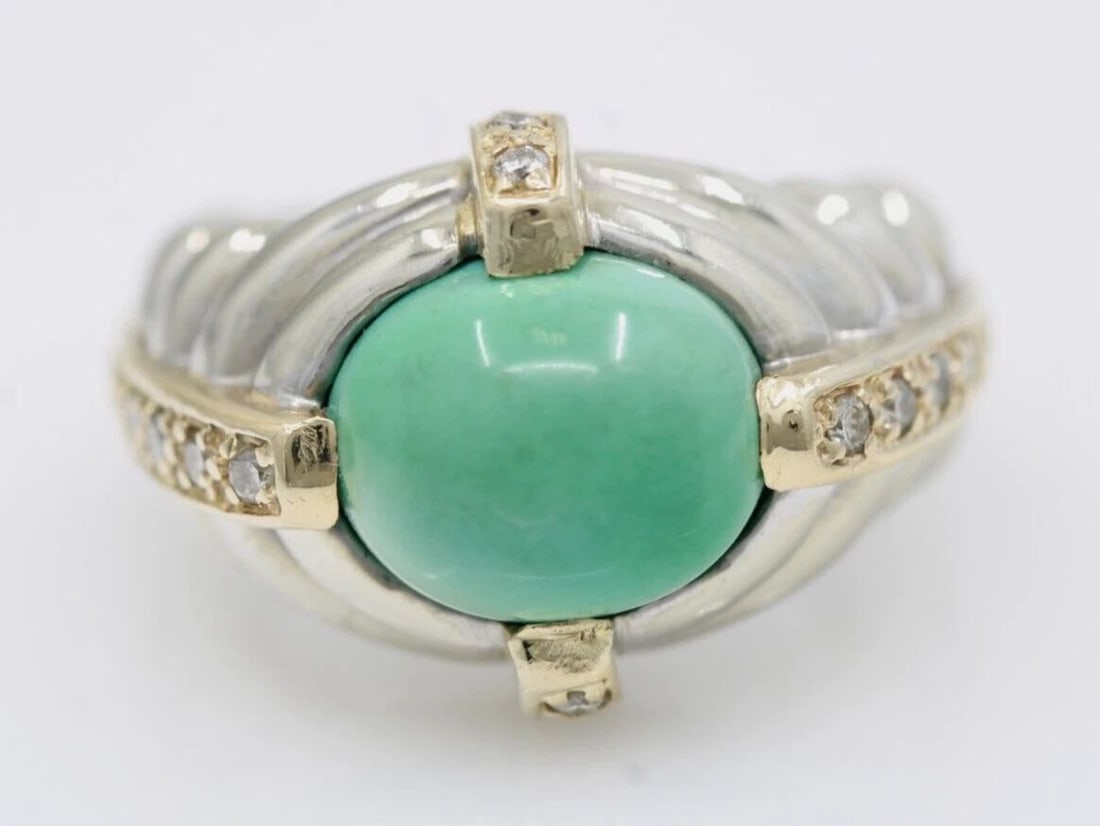 RARE LEVIAN 14K WHITE GOLD TURQUOISE & DIAMOND RING SIZE 7 - 14.9 GRAMS (1 of 2)