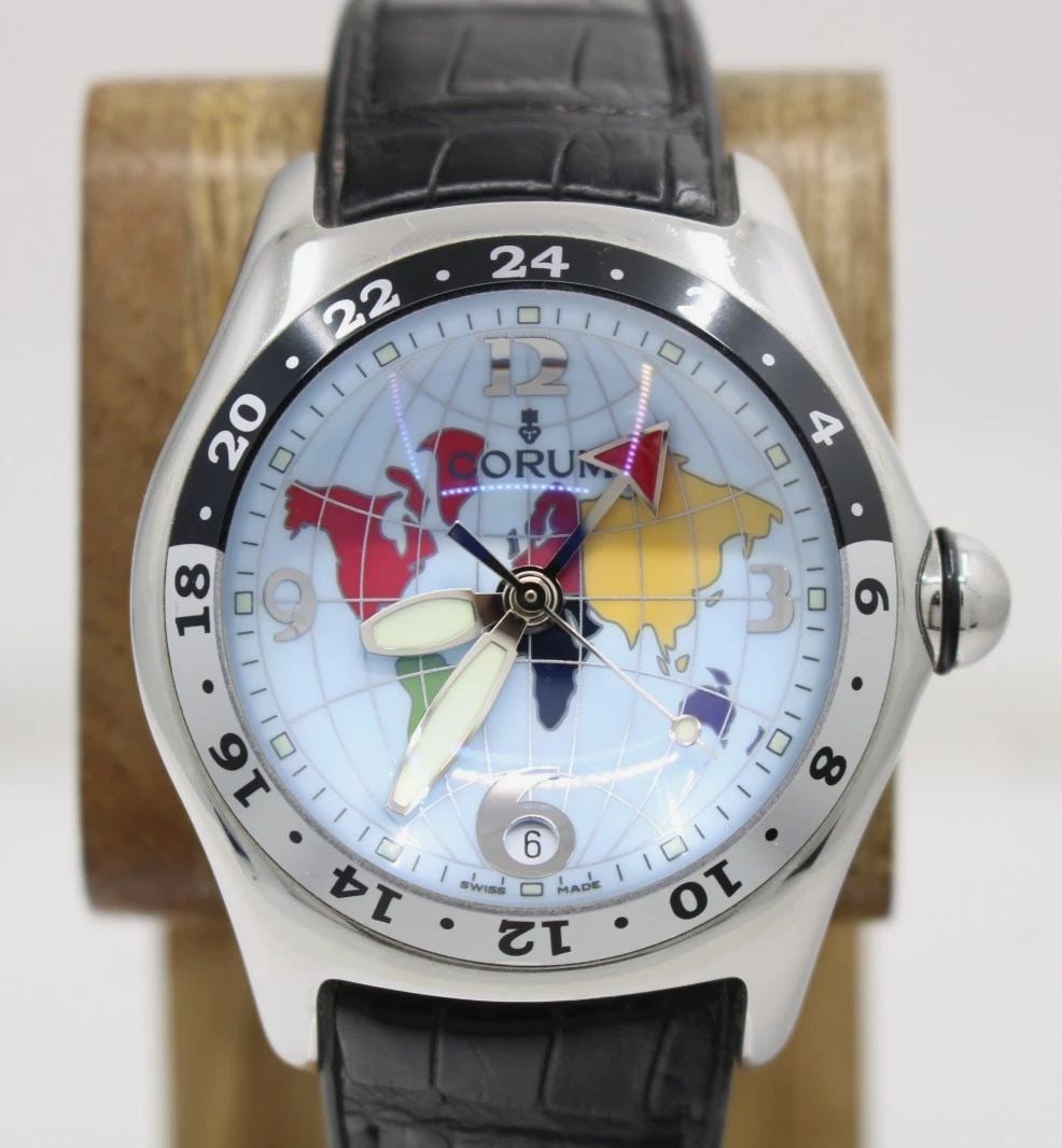 CORUM BUBBLE 45MM GLOBE GMT SPECIAL EDITION AUTOMATIC WATCH W/BOX 383.150.20: CORUM BUBBLE 45MM GLOBE GMT SPECIAL EDITION AUTOMATIC WATCH W/BOX 383.150.20 Description Corum Bubble Globe GMT Special Edition Automatic Watch W/Box 383.150.20 The watch has been used previously. The