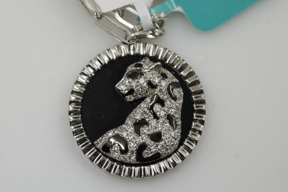 14K WHITE GOLD EFFY PAPERCLIP LINK 18" NECKLACE & DIAMOND LEOPARD PENDANT (1 of 2)