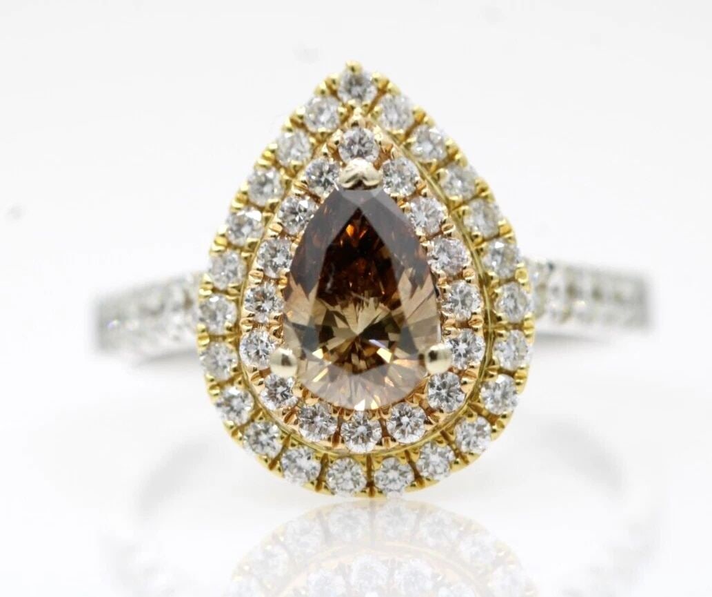 18K WHITE GOLD 1.75 TCW NATURAL CHOCOLATE PEAR DIAMOND DOUBLE HALO RING SIZE 8: 18K WHITE GOLD 1.75 TCW NATURAL CHOCOLATE PEAR DIAMOND DOUBLE HALO RING SIZE 8 18K WHITE GOLD 1.75 TCW NATURAL CHOCOLATE PEAR DIAMOND DOUBLE HALO RING SIZE 8 Description 18K White Gold 1.75 TCW Natura