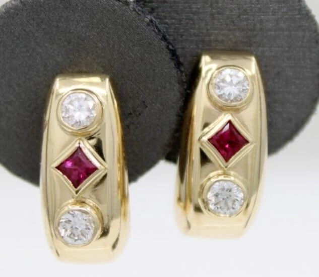 14K YELLOW GOLD 1.3 TCW NATURAL RUBY & DIAMOND HOOP OMEGA BACK EARRINGS 10.2G (1 of 2)