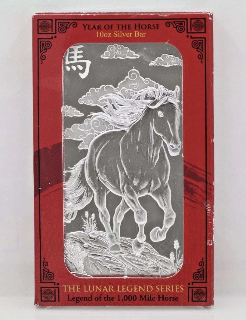 PAMP SUISSE LUNAR LEGEND YEAR OF THE HORSE 10 OZ .999 FINE SILVER BAR: PAMP SUISSE LUNAR LEGEND YEAR OF THE HORSE 10 OZ .999 FINE SILVER BAR Description Pamp Suisse Lunar Legend Year of the Horse 10 oz .999 Fine Silver Bar Bullion is in uncirculated condition. Packaging 