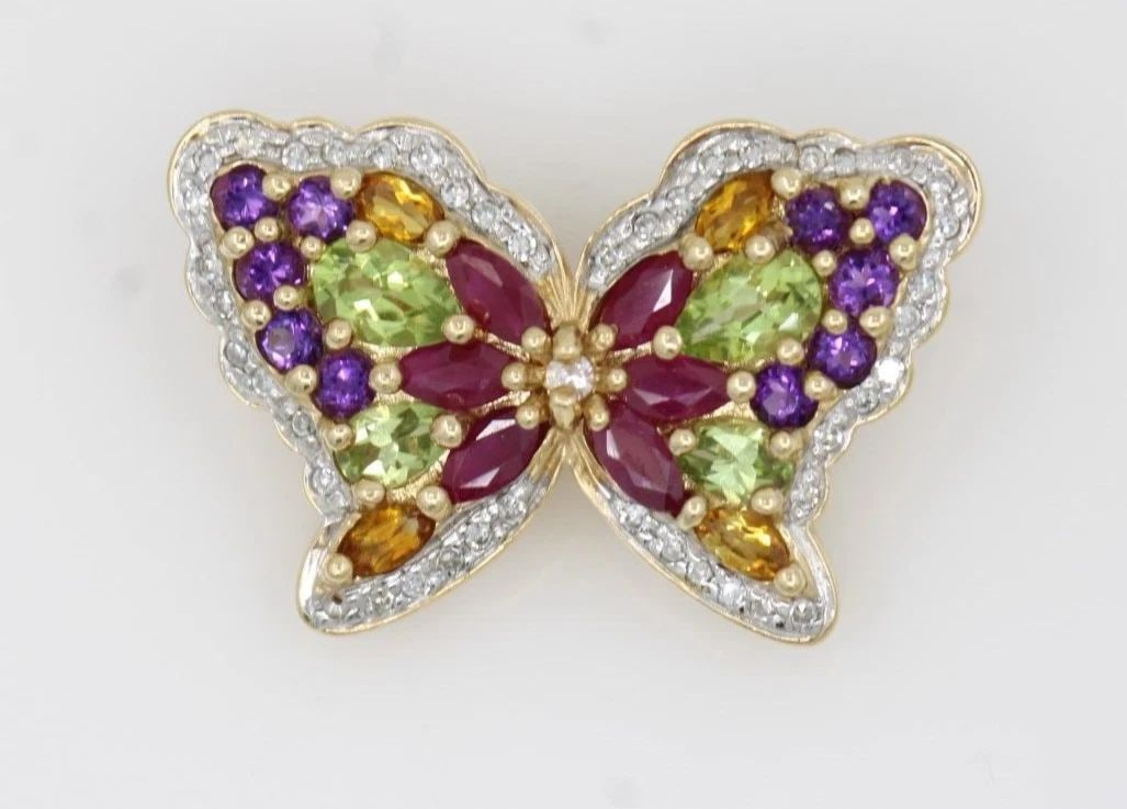 14K YELLOW GOLD BUTTERFLY MULTI-GEMSTONE PENDANT 8.3 GRAMS (1 of 2)
