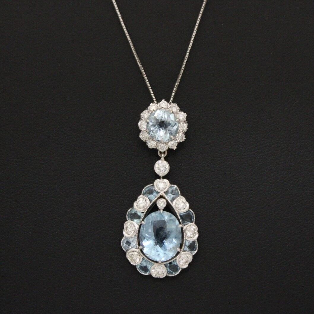 ESTATE 18K WHITE GOLD 4.42 CTW AQUAMARINE & DIAMOND PENDANT W/ 16" NECKLACE (1 of 2)