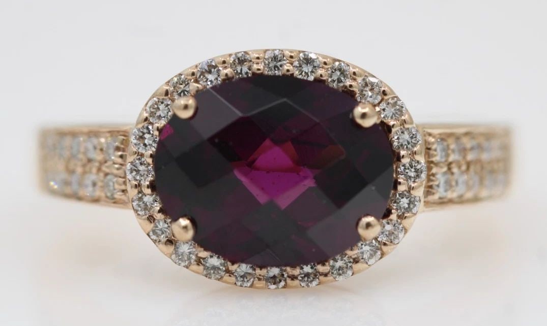LEVIAN 14K ROSE GOLD EAST WEST RHODOLITE GARNET & HALO DIAMOND RING SIZE 8 (1 of 2)