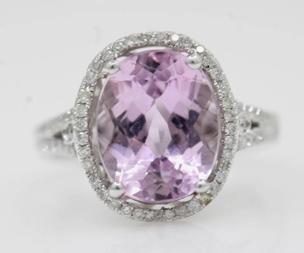 CJ 14K WHITE GOLD 5.76 TCW KUNZITE HALO DIAMOND ENGAGEMENT RING SIZE 7 - 6.2 G (1 of 2)