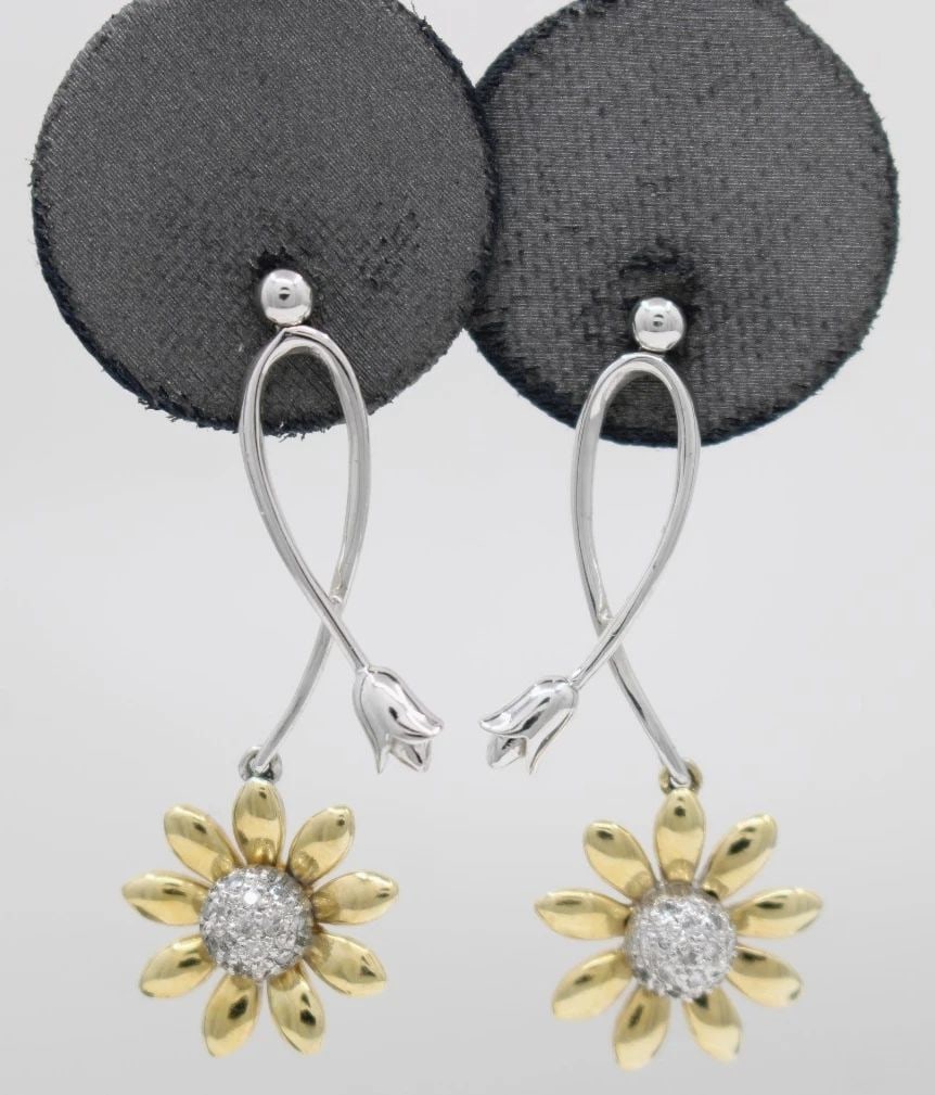 SONIA B. BITTON 14K TWO TONE DIAMOND SUNFLOWER DANGLE EARRINGS 1.5" (1 of 2)