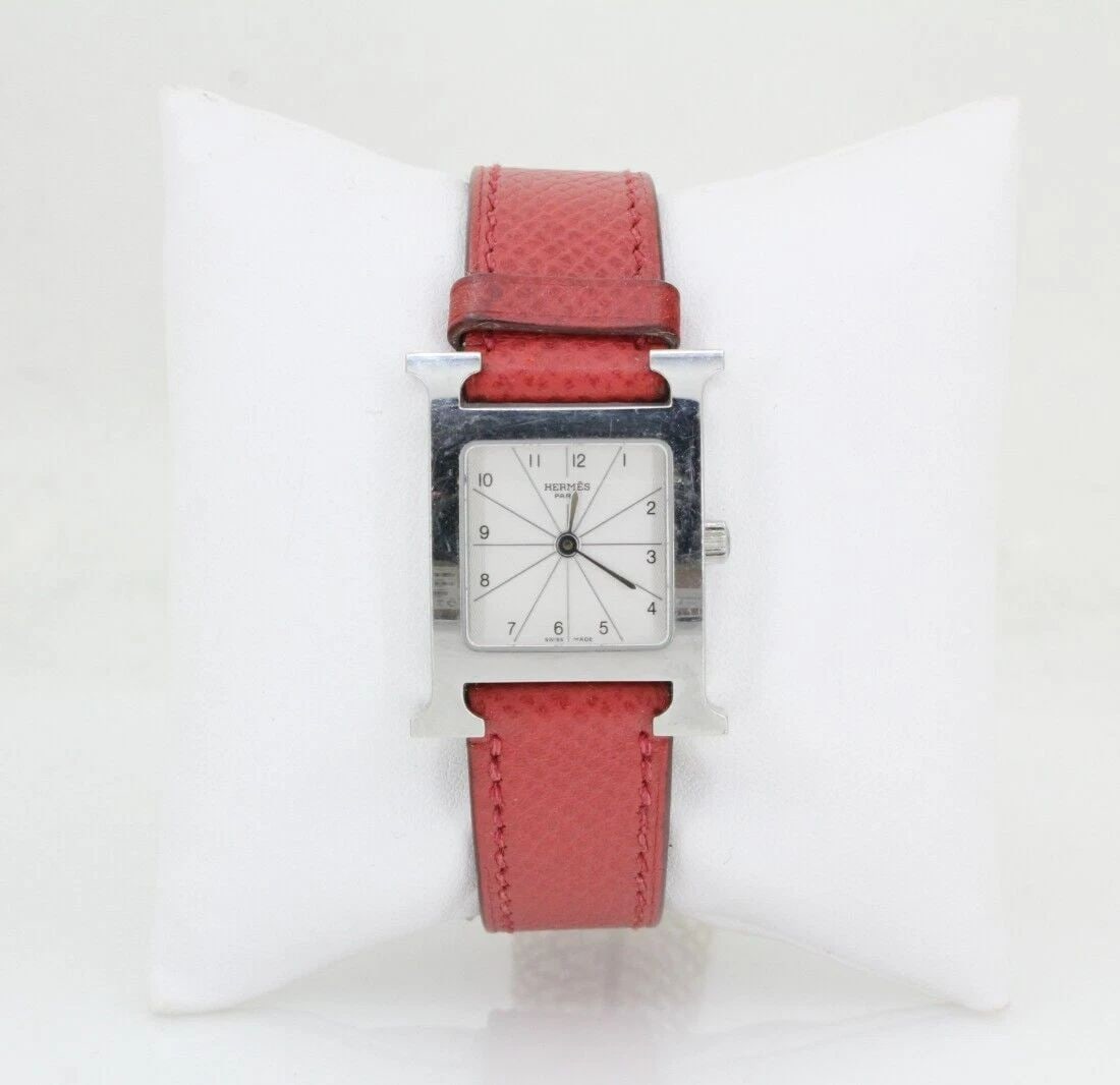 HERMES H WATCH HH1.210 STAINLESS STEEL 21MM SILVER DIAL RED STRAP W/ BOX & COA (1 of 2)