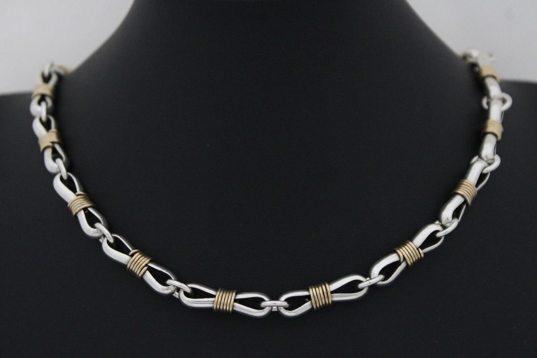 UNIQUE 14K GOLD & STERLING SILVER 7MM HANDMADE CHAIN 18" NECKLACE ~ 80.8 GRAMS (1 of 2)