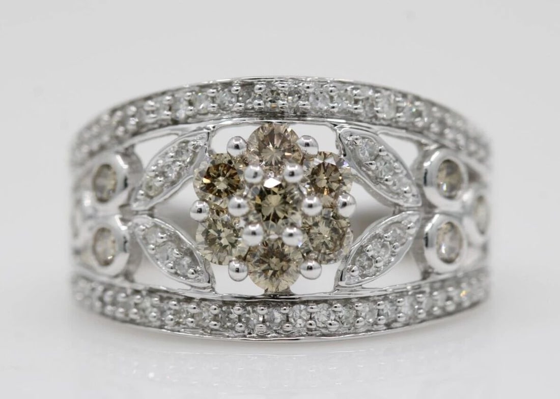 14K WHITE GOLD 1.26 TCW NATURAL DIAMOND FLOWER RING SIZE 7- 5.3 GRAMS (1 of 2)
