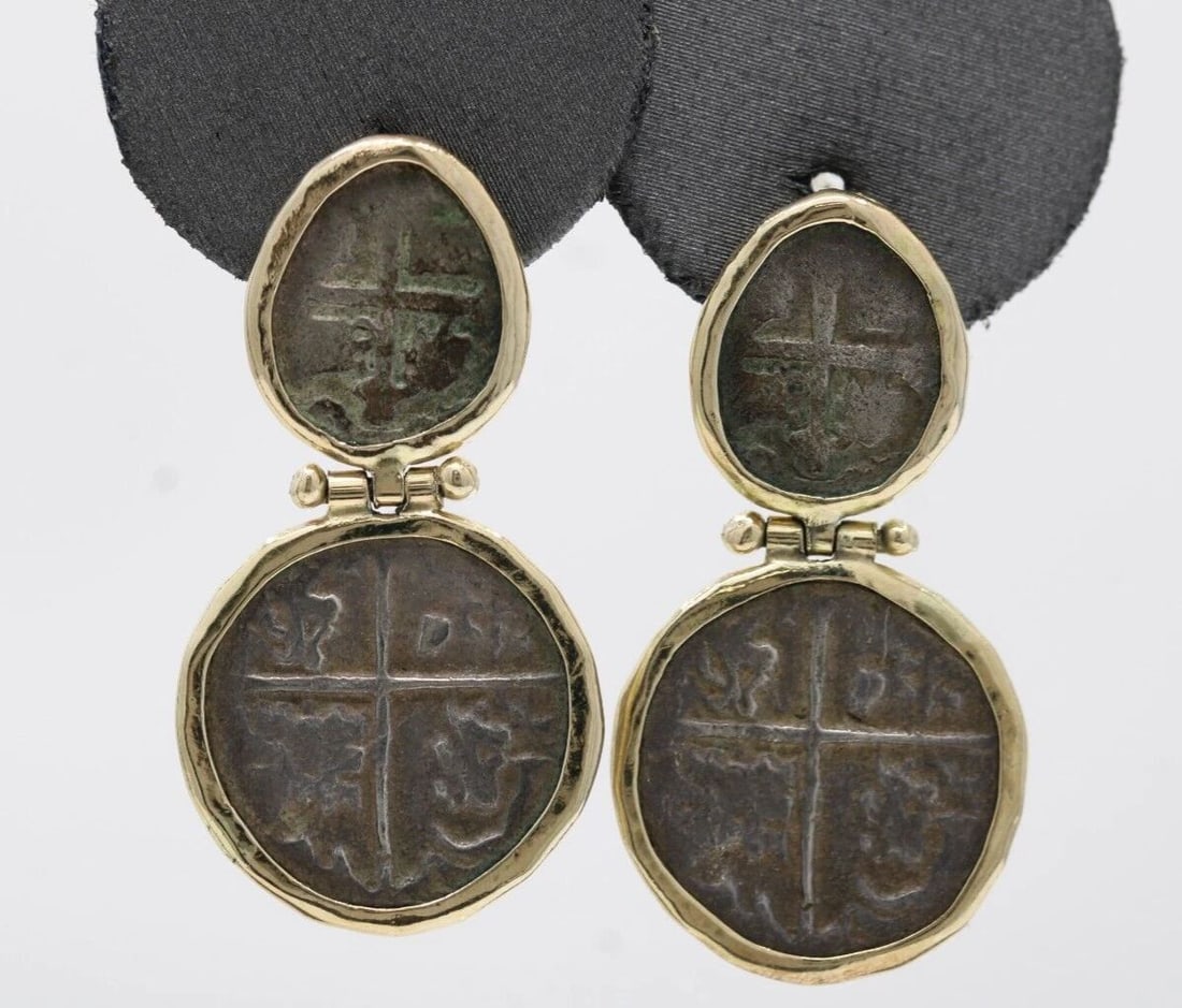 14K YELLOW GOLD & STERLING SILVER SPANISH REALES COIN DANGLE EARRINGS 7.9 GRAMS (1 of 2)