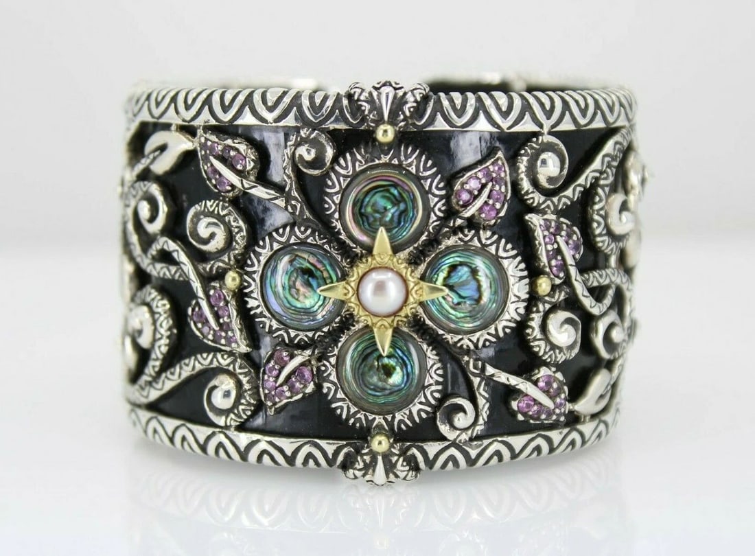 BARBARA BIXBY STERLING & 18K CASTLE GARDEN MULTI-GEMSTONE LEATHER CUFF BRACELET (1 of 2)