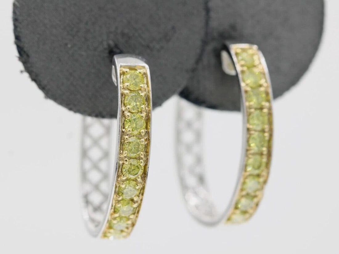 DESIGNER 14K WHITE GOLD 1.08 TCW NATURAL YELLOW DIAMOND HOOP EARRINGS 4.1 GRAMS (1 of 2)